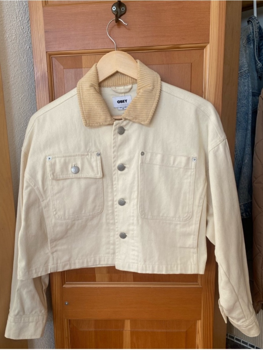Obey Cream Workwear Jacket with Tan Corduroy Collar - Cropped